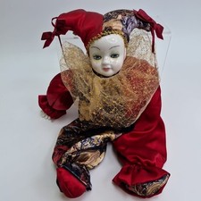 Vintage Porcelain Jester Clown Doll 44cm Red Outfit Ceramic Face & Hands