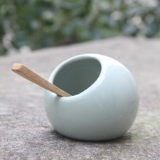 Ceramic Green Salt Cellar with Wooden Spoon Salt Pig Jar Kitchen Food Gift