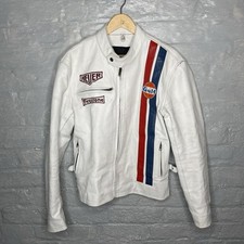 Steve McQueen Style Le Mans White Leather Racing Jacket Gulf Heuer Firestone SML