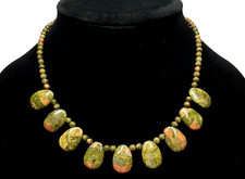 Vintage Unakite Stone Green Salmon Pink Semi Precious Gemstone Beaded Necklace