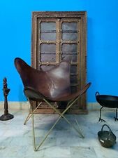 Handmade Leather Butterfly Chair Brown Accent Chair With Iron Frame