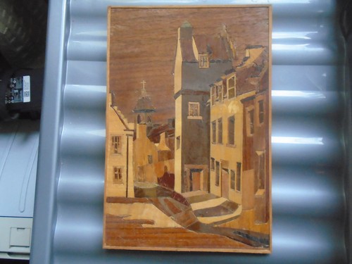 Vintage marquetry wood plaque - wood,