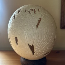 Carved Ostrich Egg On Stand With Owl Design.