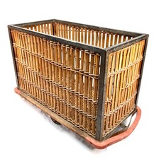 Antique French Hotel Used Bamboo & Wicker Linen Basket / Trolley / Log Holder