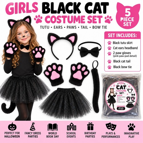 Girls black cat costume set - girls,