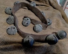 Antique Sleigh Bells 12 Petal Bells 1" Aged Leather Strap 25" Primitive Rustic