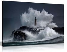Lighthouse sea wave Splash at Night Framed Canvas Print Wall Art Home Decor