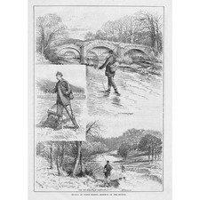 Trout Fishing on the River Hodder, Lancashire - Antique Print 1884