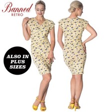 Banned Apparel Palm Shade Pineapple Palm Tree Retro Print Wrap Stretch Dress 