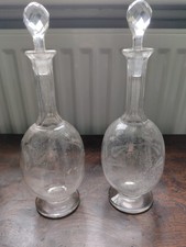 Vintage Antique Pair of Matching Etched  Glass Sherry Spirit Decanters 30cm Tall