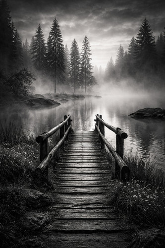 Black white forest lake misty - white,