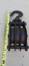 Vintage Triple Wheel Pulley, Block and Tackle Hook Old Tools Rope Hoist Rigging 