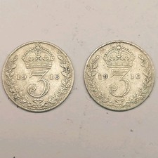 Pair Of 1916 3 Pence Of King GEORGE V, British Silver Coins