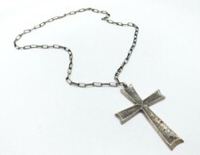 Vintage Large Silver Sand Cast Cross Hand Wrought Chain Link Necklace, 22"