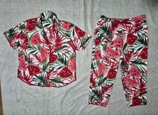 Set Cyberjammies Pyjamas UK 14 Womens Leaves Tropical Button Shirt Cropped Pants