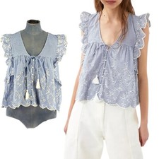 Zara Cutwork Top Blouse Striped Ruffled V Neck Tassel Eyelet Crop Y2K Bohemian M