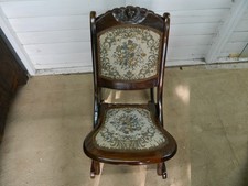 Vintage Antique Tapestry Carved Wood Folding Rocker Rocking Chair Victorian 1930