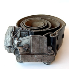 ? Vintage 1977 Ibex Leather Belt With Semi Truck Buckle Made In USA - 90cm 36"