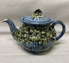 Vintage Rare Ceramic Porthmadog Majolica Green / Blue Tea Pot With Flowers