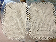PAIR of  VINTAGE  NATURAL COTTON HAND CROCHET LACE TABLE MATS/DOILIES ~13" x 9"