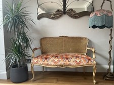 Antique French Giltwood Gold Cane Framed Settee Reupholstered In Designer Fabric