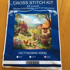 Cottage   ,  hens country  printed stamped 14 count cross stitch kit 40 x 40 new