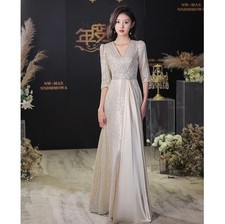 Women Evening Party Dress Champagne V-neck Long Frocks Lady Prom Gowns