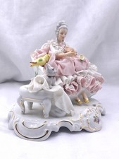 Vintage German Dresden Lace Seated Lady Figurine with Dog & Parrot Collectable
