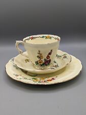 Vintage Crown Staffordshire Hollyhocks Trio Cup Saucer And Side Plate, Wavy Edge