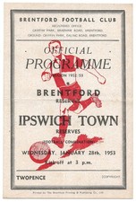 Brentford Reserves v Ipswich Town Reserves 1952/53 programme