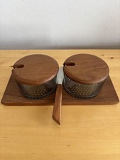 Vintage Danish Mid Century Modern Teak & Glass Condiment Pot Tray Luthje