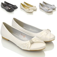 Womens Bridal Wedding Satin Pumps Ladies Slip On Bridesmaid Ballet Shoes Size 