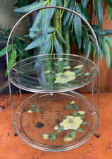 MID CENTURY VINTAGE 1950S GLASS TWO TIER AFTERNOON TEA CAKE SANDWICH STAND 12" H
