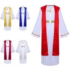 Kids Vicar Religious Clergy Fancy Dress Long Sleeve Metallic Cross Choir Robe