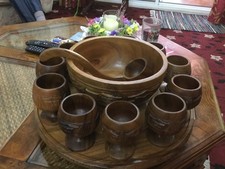 Vintage Tiki Style Wood Hand Carved Punch Bowl, 11 Goblets, lazy Susan & ladle*