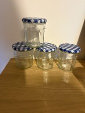 Empty Bonne Maman Glass Jam Jars x 4 Blue Gingham Lids 370g size  