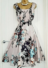 ✨ MONSOON Grey Silky Floral Fit Flare Wedding Party Occasion Dress - Size 18