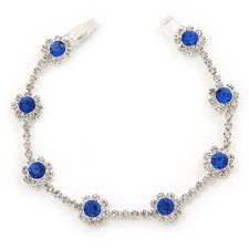 Sapphire Blue/ Clear Swarovski Crystal Floral Bracelet In Rhodium Plated Metal