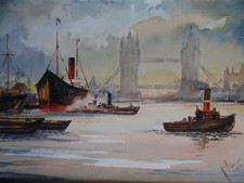 London Thames, Boats by Tower Bridge Original 2020 Watercolour Indistinct Signed