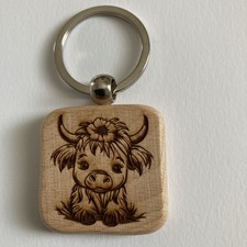 Cute Highland cow wood keyring