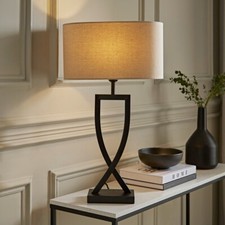 Metal Industrial Tall Table Lamp Base Living Room Light Oval Fabric Lampshade