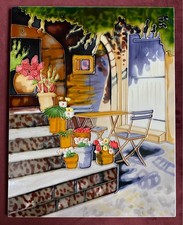 Large Ceramic Decorative Tile for Wall Hanging - Bistro Garden / Floral Stairs