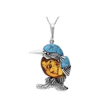 Small Amber Turquoise Kingfisher Pendant Sterling Silver 925 Cognac Oval
