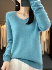 100% Merino Wool Women's Sweater V-Neck Long Sleeve Pullover For Winter Autumn