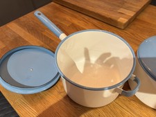 VINTAGE WHITE & BLUE ENAMEL WARE -SAUCEPAN SET WITH LIDS-  1940s