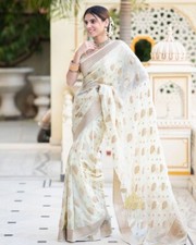 Cotton silk saree ethnic wear indian wedding formal cream colour women sari