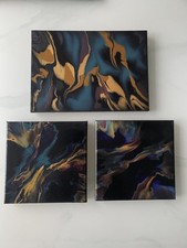 STUNNING SET OF THREE ORIGINAL ABSTRACT FLUID ART CANVASES/PAINTINGS~ JOB LOT~