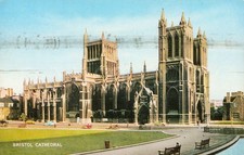 Vintage Postcard Bristol Cathedral England Cars Benches