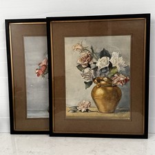 Watercolours 1930’s Art Deco Flowers Still Life On Paper x2 Signed Framed (M)