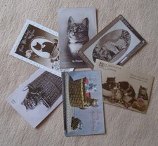 6 Antique/Vintage Cat/kittens Postcards, some with stamp